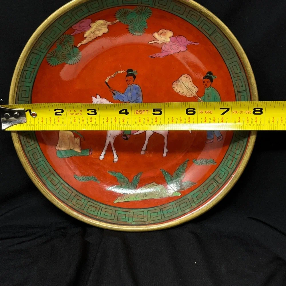 Vintage Hand Painted Porcelain Plate Bowl‎ Set Brass Rim Oriental Asian Horchow